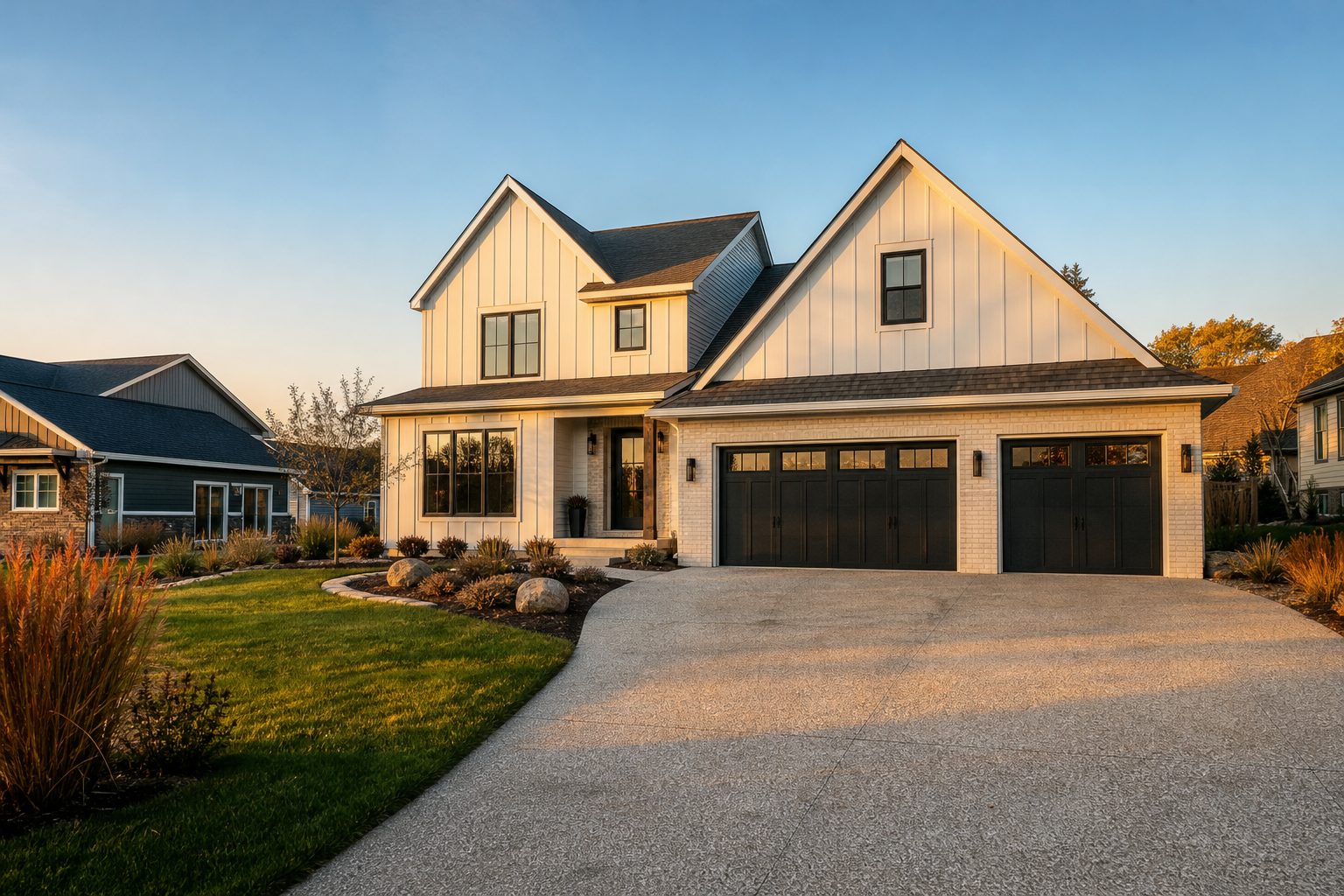 Contemporary two-story home with modern brick and siding in Sun Prairie's Prairie Lakes neighborhood during golden hour.