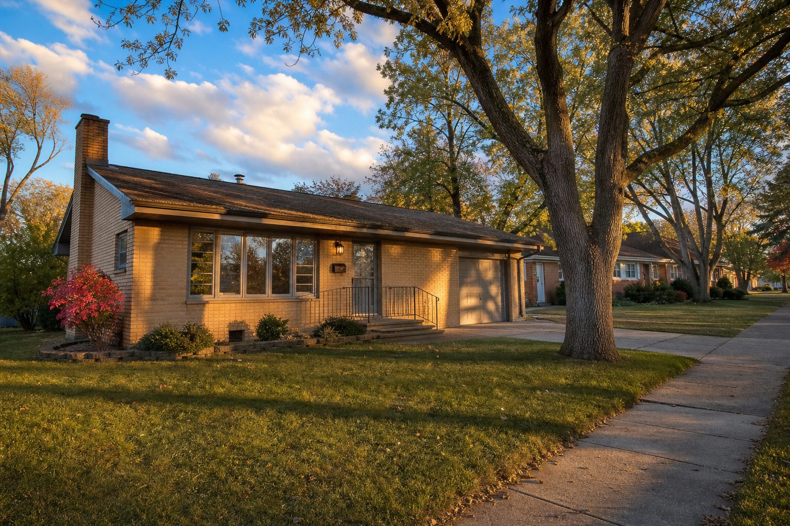 1960s ranch home with mature oak tree and warm evening light on a quiet Madison street in Rolling Meadows.