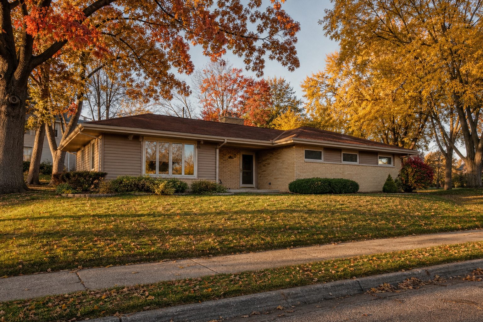 Mid-century ranch home with mature trees and brick exterior in Elvehjem, Madison, autumn afternoon light.