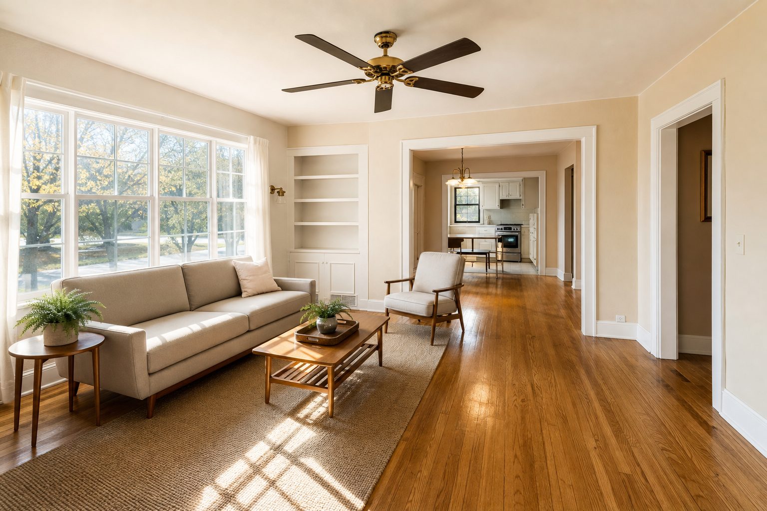 Staged living room interior with decluttered furnishings and natural light in a mid-century Emerson East home in Madison.