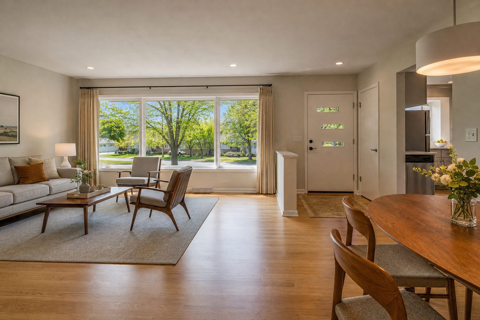 Bright spring morning interior of 1960s ranch home showing open living room with window light and tree-canopied street view in Elvehjem.