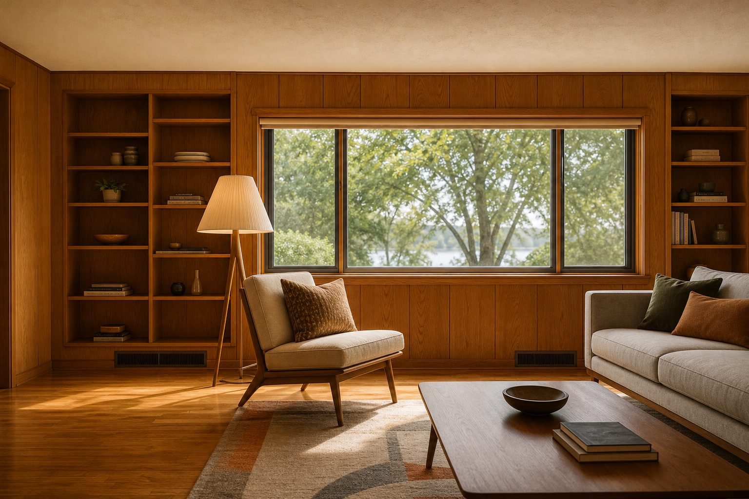 Mid-Century Modern living room with original wood paneling and picture window overlooking Lake Wingra, Dudgeon-Monroe neighborhood, Madison.