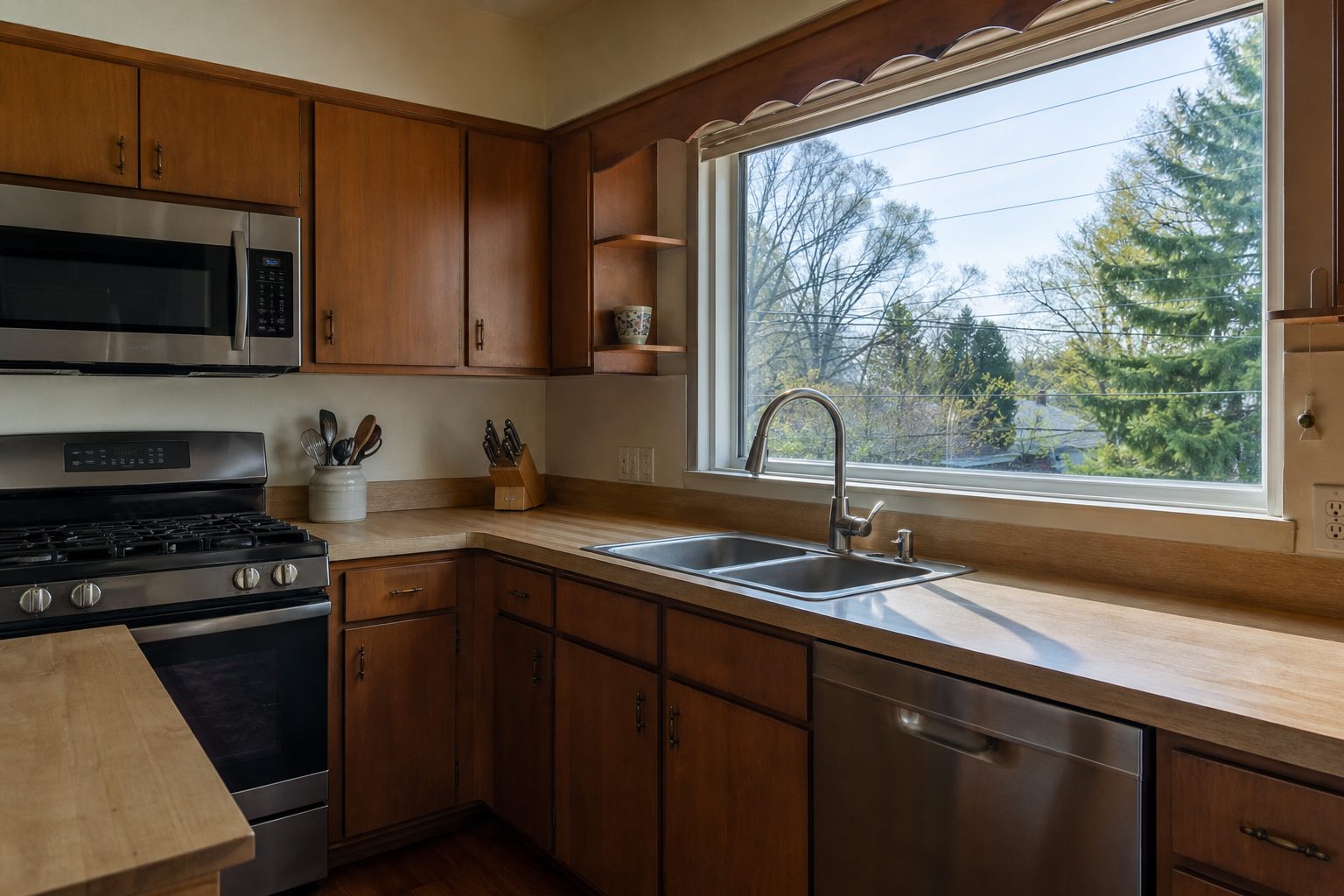 Kitchen interior of 1960s ranch home with natural window light and updated appliances in Elvehjem, Madison.
