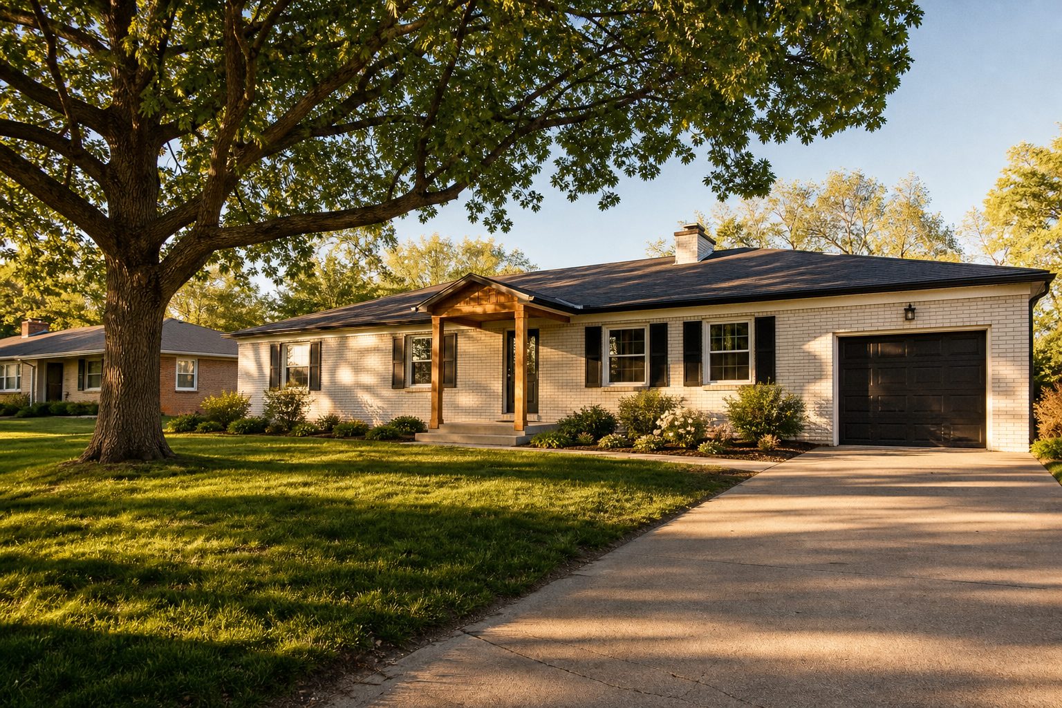 Classic 1960s cream brick ranch home with mature oak tree and fresh spring landscaping in Elvehjem neighborhood, late afternoon golden light.