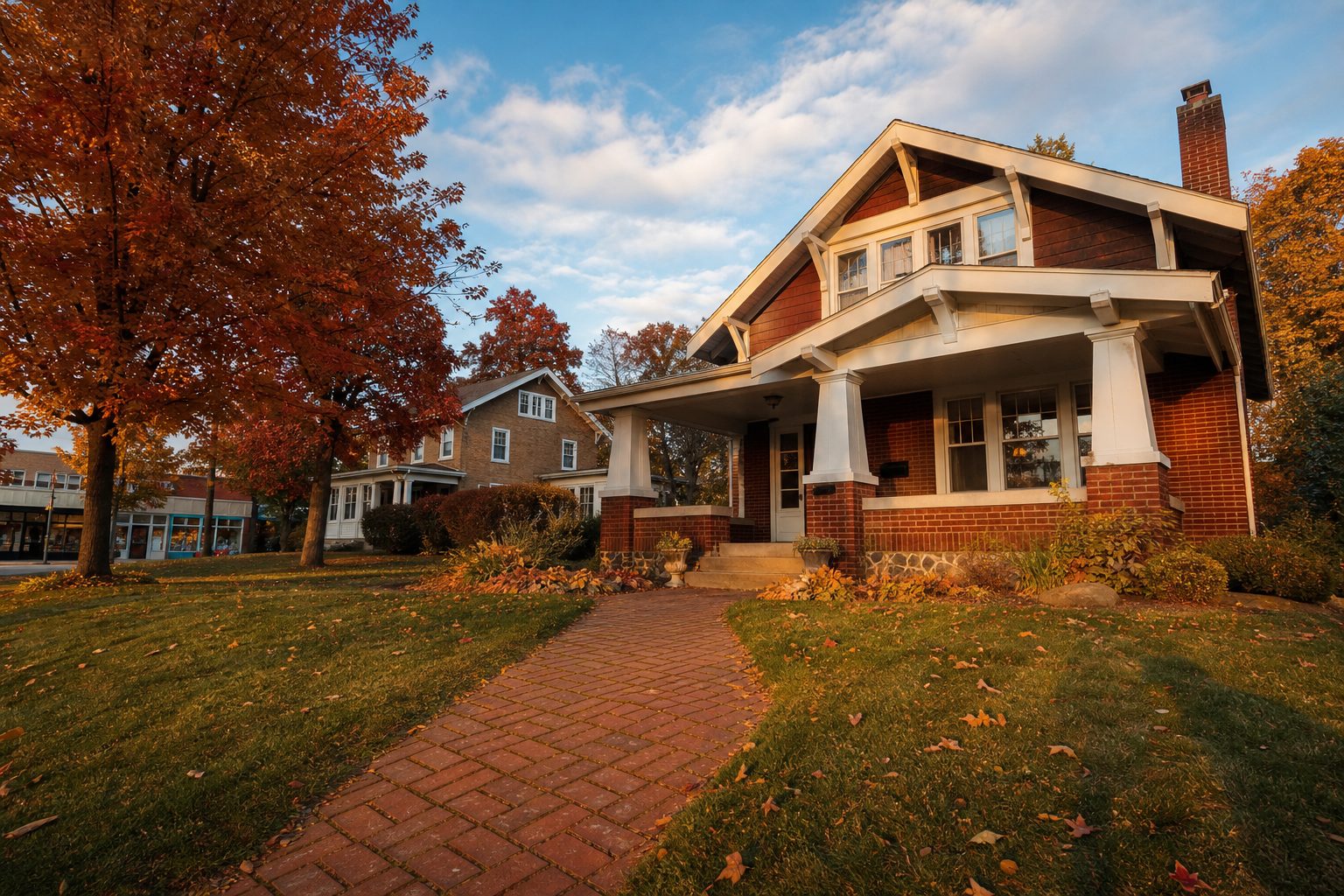1920s brick Arts and Crafts bungalow with fall foliage on tree-lined Marquette neighborhood street, Madison.