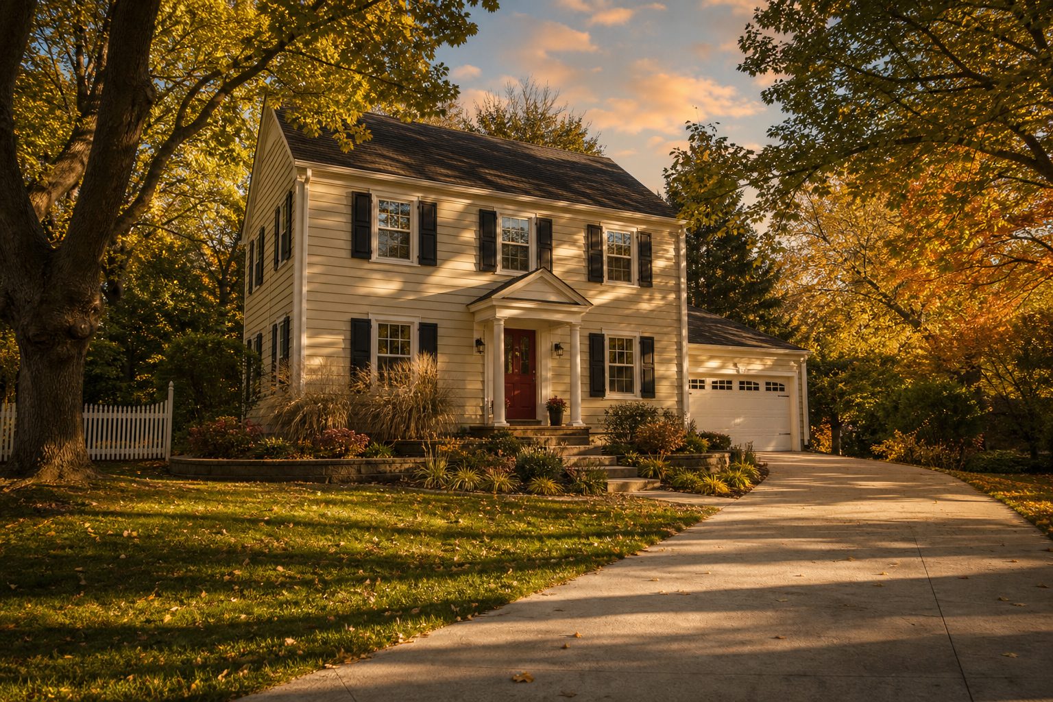 Colonial home with fresh paint and burgundy door on tree-lined West Morland street in autumn light.