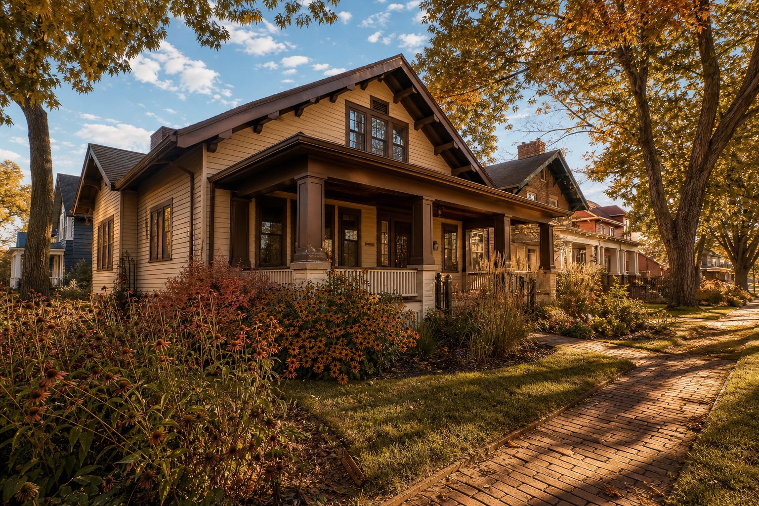 Cream-colored Craftsman bungalow with dark trim and front porch in tree-lined Eastmorland neighborhood, Madison.