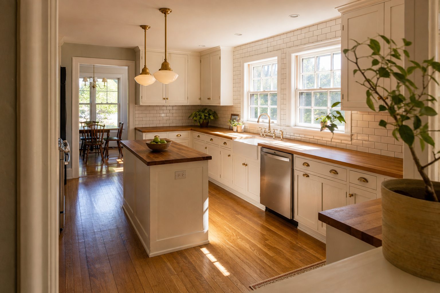 Kitchen with white painted cabinets, butcher block counters, and brass fixtures in West Morland colonial home.