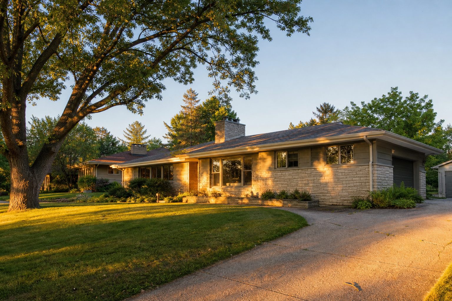 Cream-brick 1960s ranch home in Elvehjem neighborhood during golden hour, mature trees in front yard, Madison residential area.