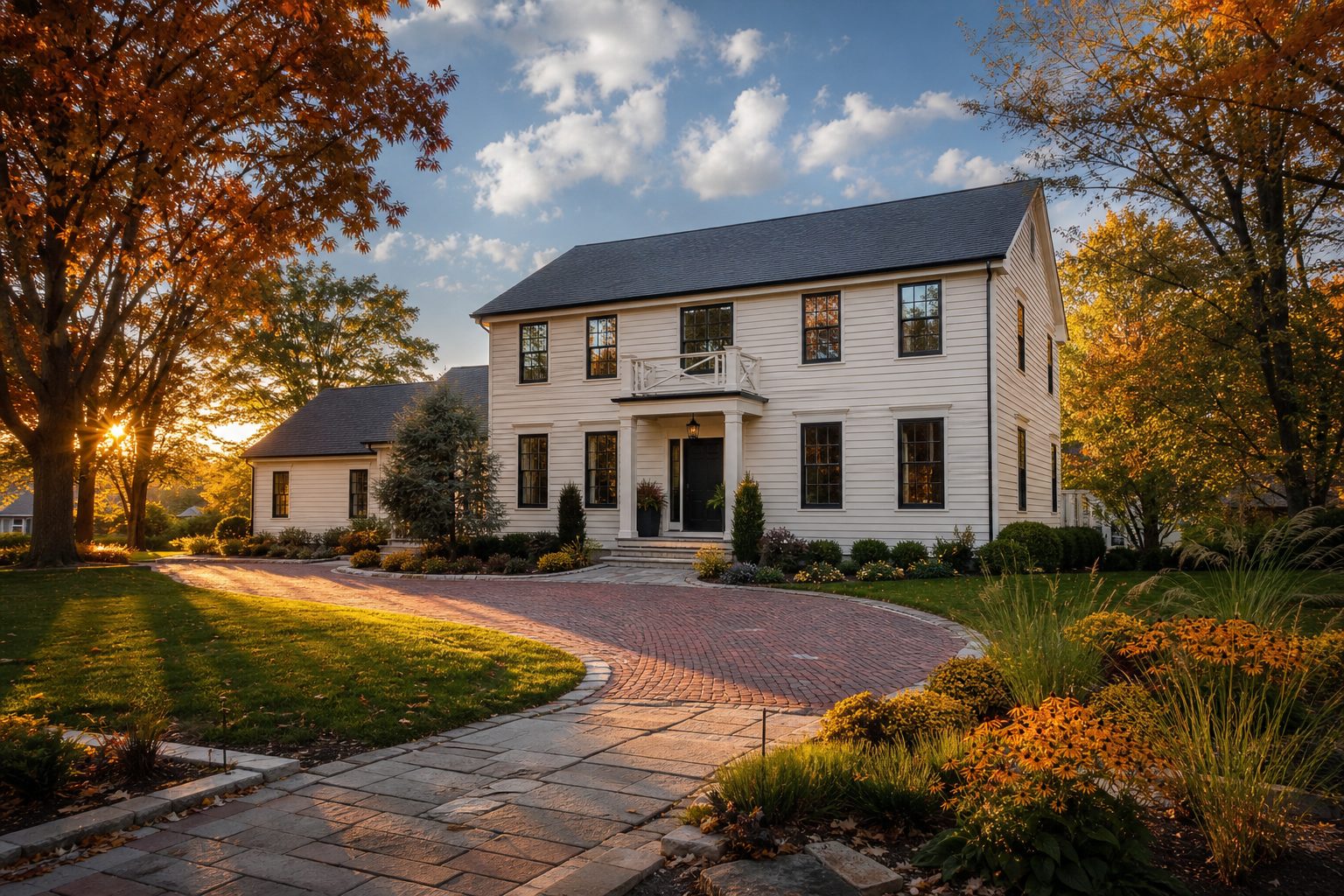 Two-story suburban colonial home in Windsor Wisconsin with mature landscaping and professional driveway during golden hour.