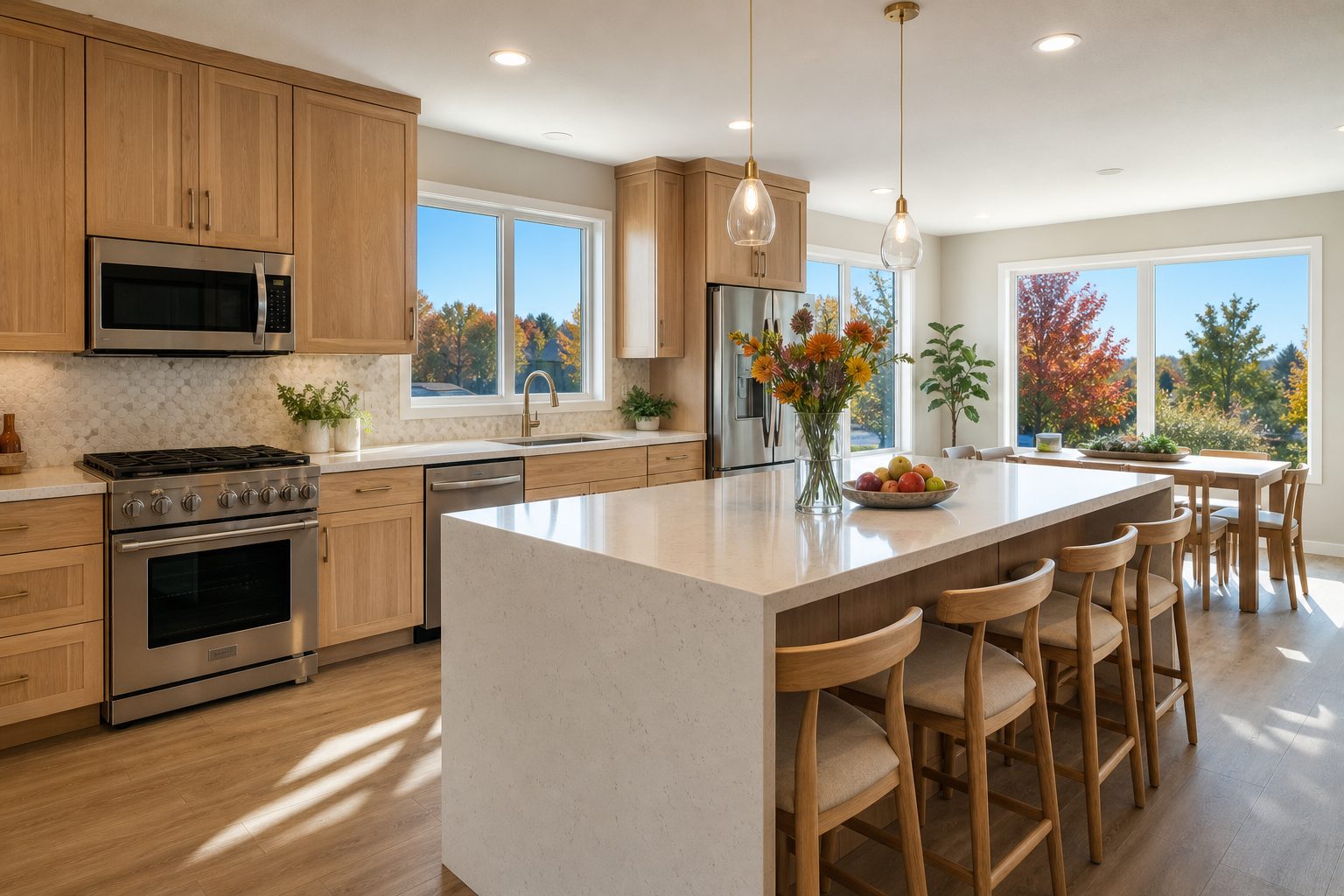 Bright open-concept kitchen with wood cabinetry and granite island in a contemporary Sun Prairie home overlooking fall foliage.