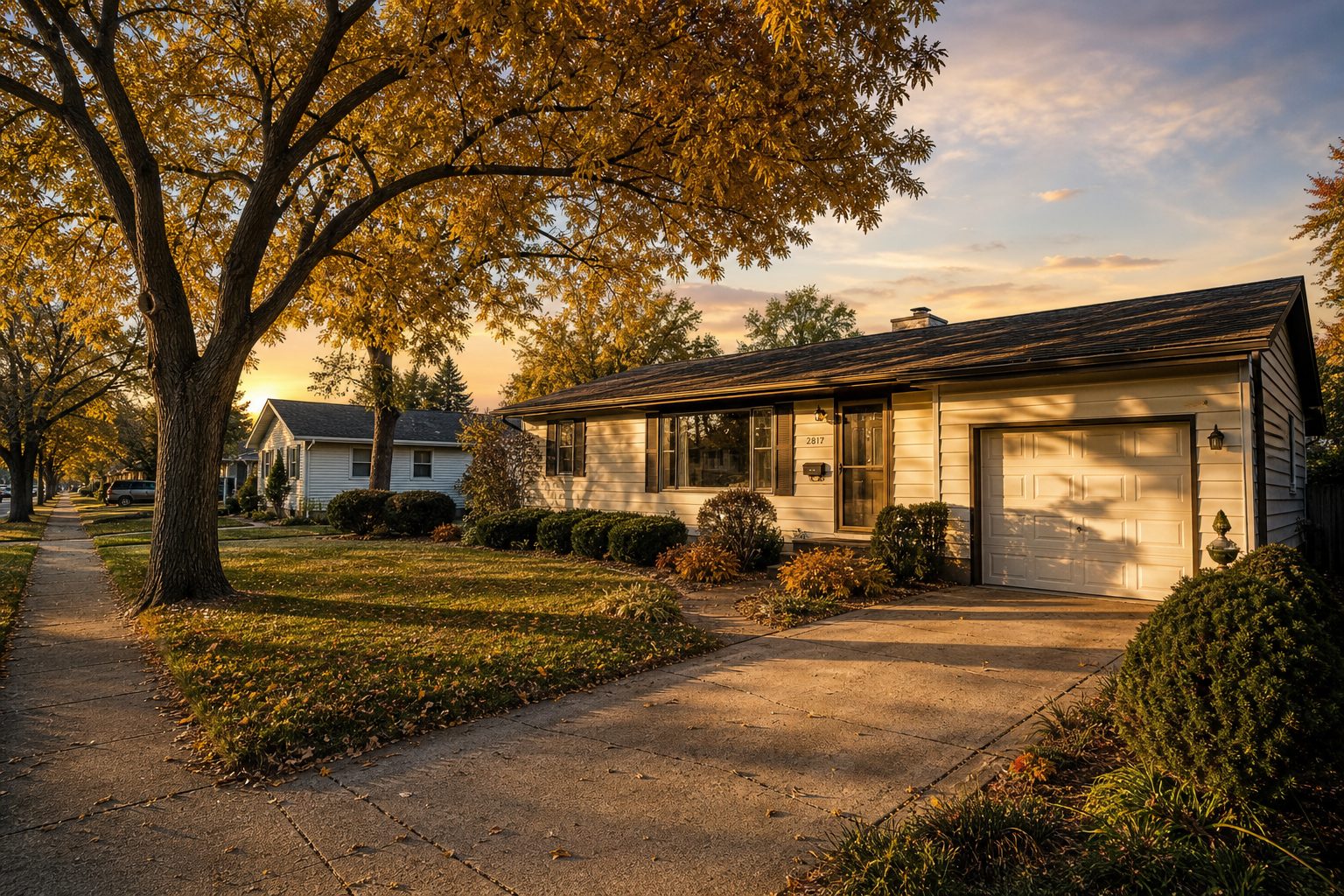 1960s ranch home with mature oak tree on quiet residential street in Rolling Meadows, Madison, autumn afternoon.