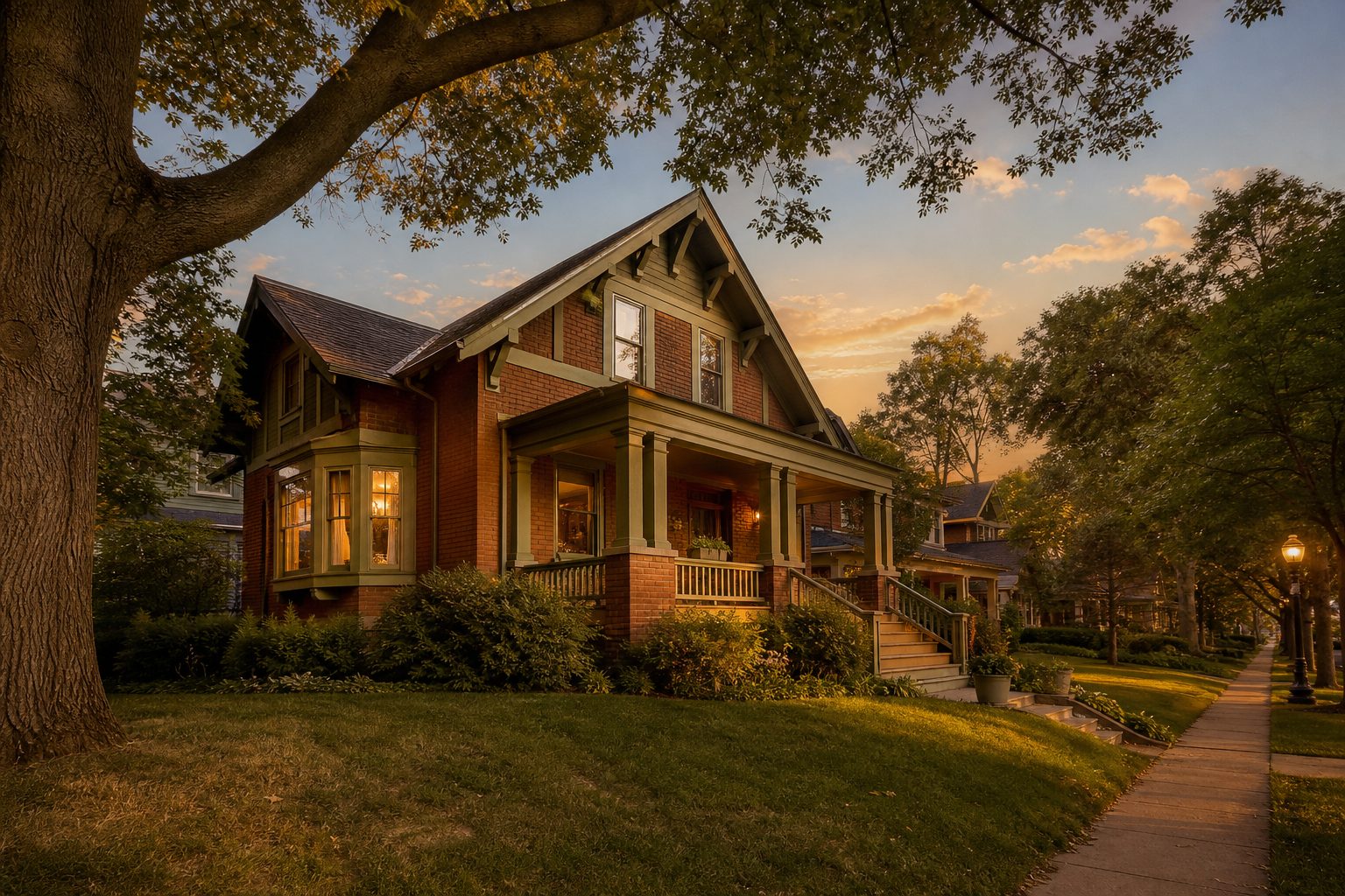 Early 1900s Craftsman bungalow with brick facade and mature trees lining the street in Madison's Schenk-Atwood neighborhood.