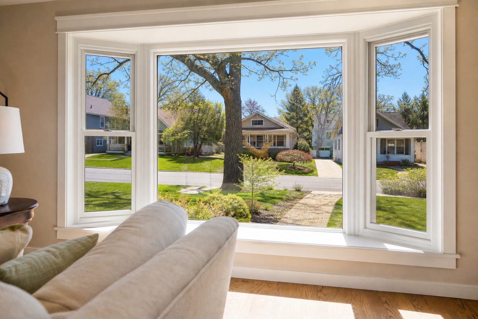 Interior view through bay window of staged suburban home showing hardwood flooring and landscaped front yard in Windsor Wisconsin.