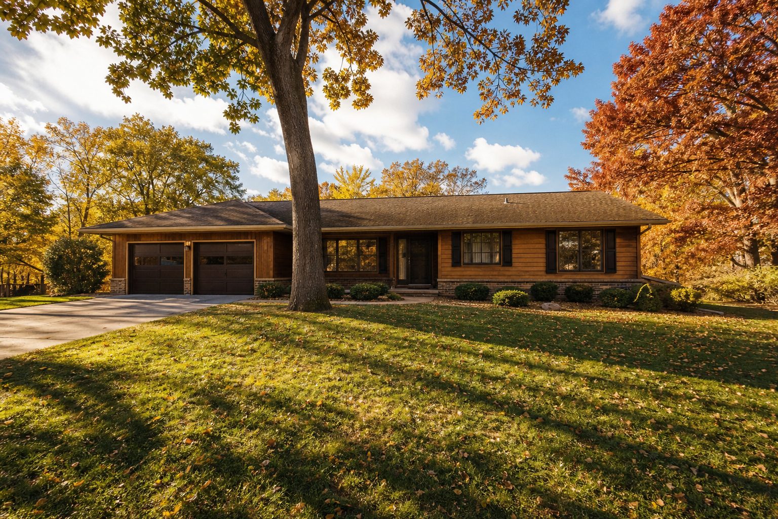 Classic 1960s ranch home with mature oak trees and spacious lawn in Madison's Heritage Heights neighborhood.