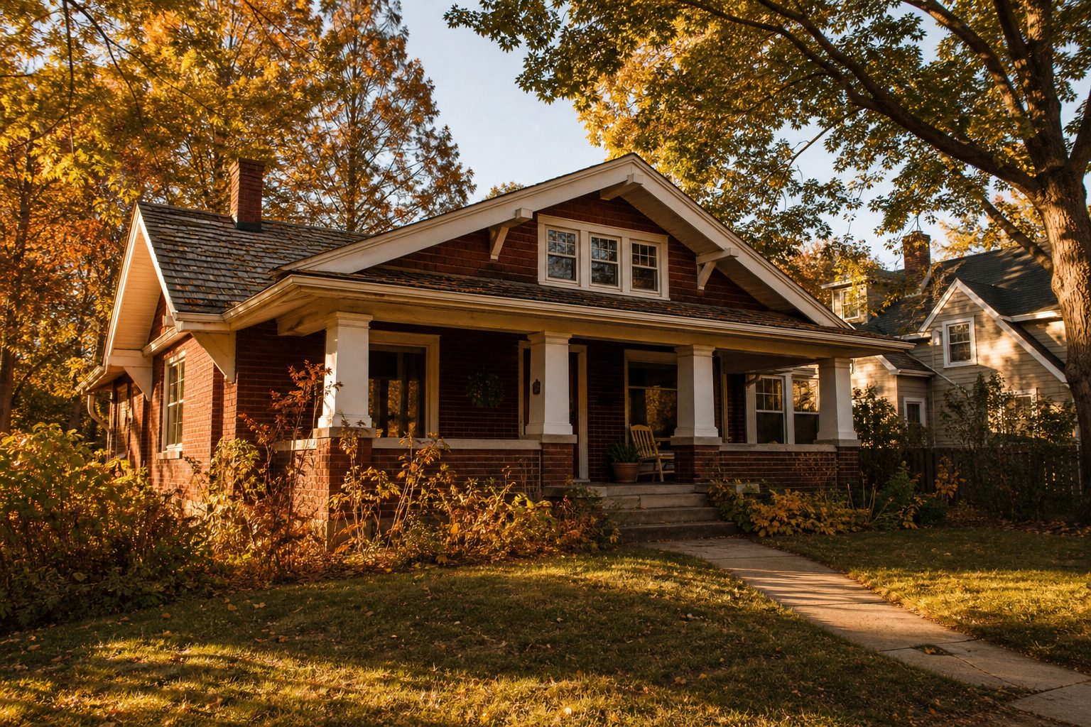 Warm-toned 1920s Craftsman bungalow with rust-red brick and white trim on Marquette neighborhood street in Madison.