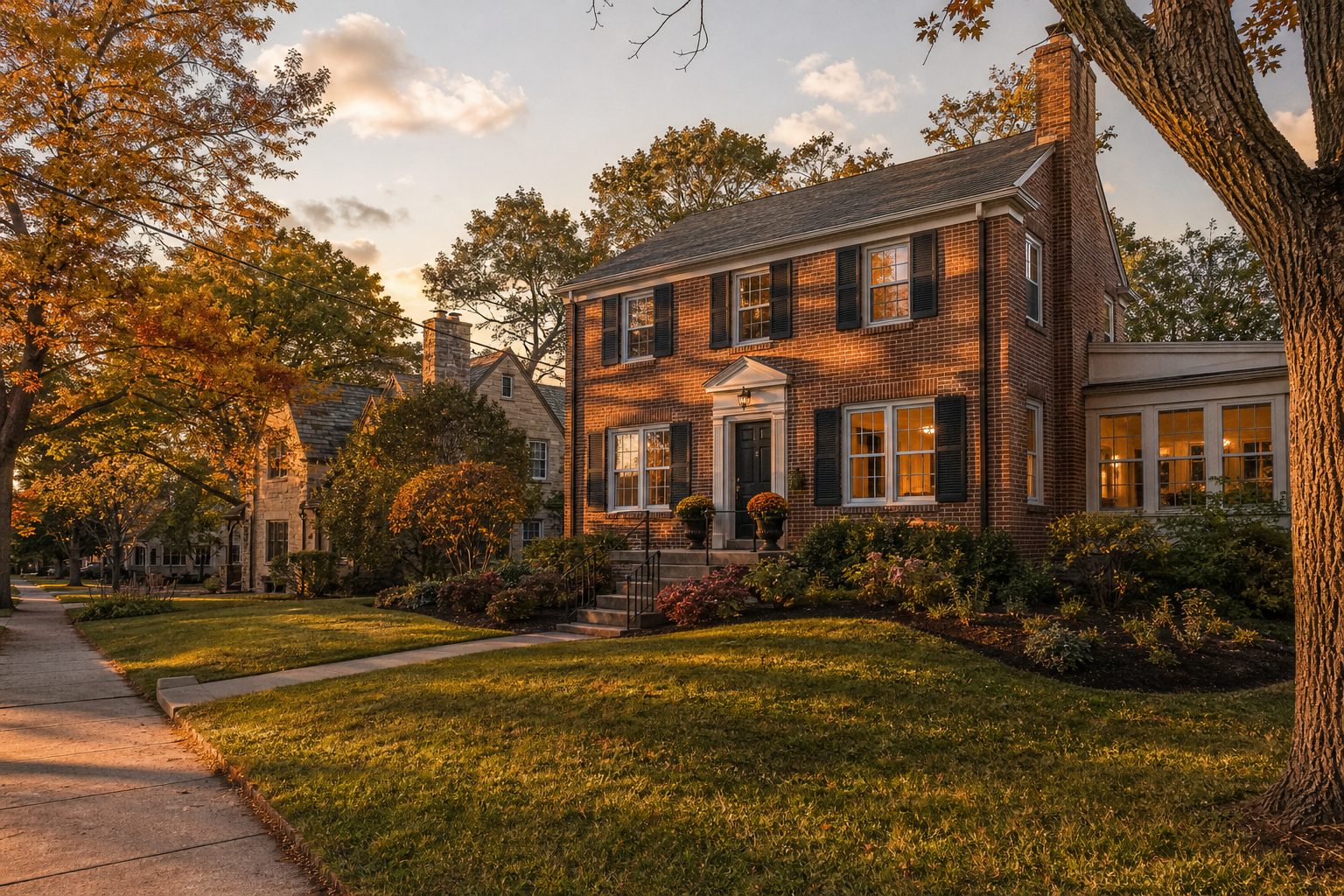 Mid-century brick home with fresh landscaping and restored porch in Emerson East, Madison, showing fall foliage.