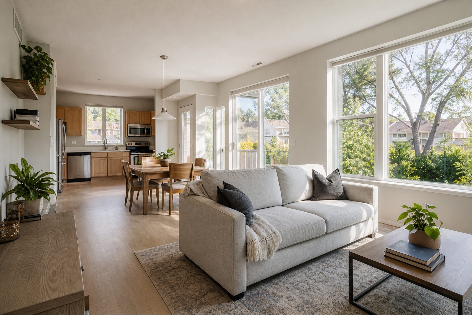 Bright open-concept 2-bedroom condo interior in Far East Madison with hardwood floors, neutral finishes, and morning window light.