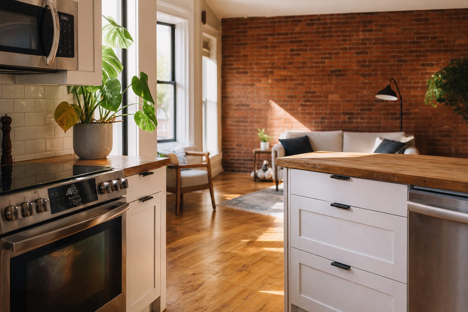 Open kitchen-living area in downtown Madison condo with white cabinetry, brick wall, and natural light from large window.