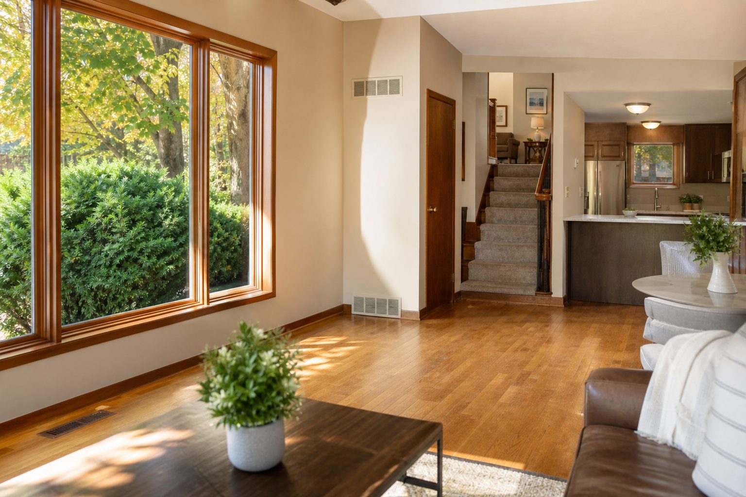 Sunlit interior of modernized 1970s split-level home with hardwood floors and natural window light in Rolling Meadows, Madison.