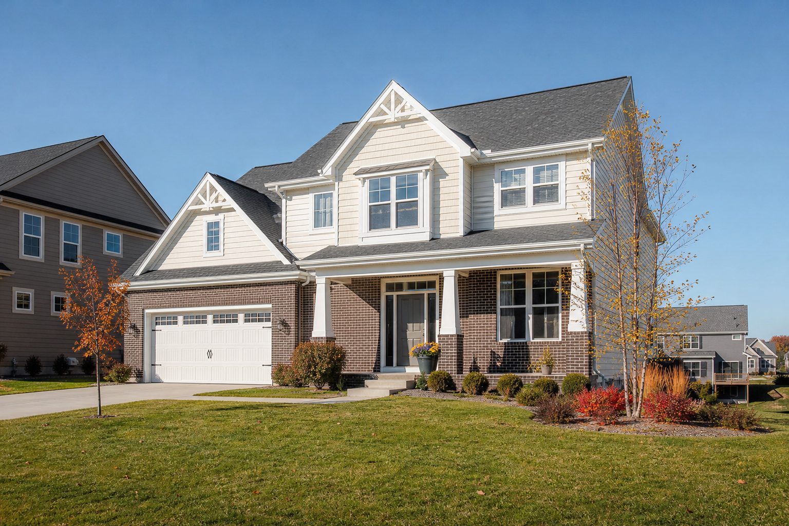 Two-story colonial family home with brick facade and garage on landscaped lot in McFarland's newer Juniper Ridge neighborhood.