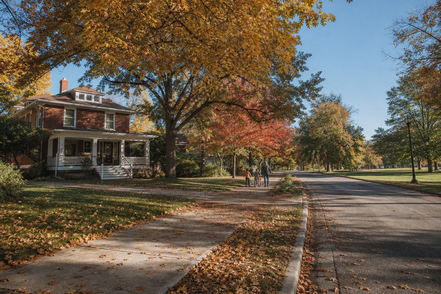 Autumn scene of 1920s brick home near Lake Wingra in Madison's Vilas neighborhood with family biking on nearby path, midday light.