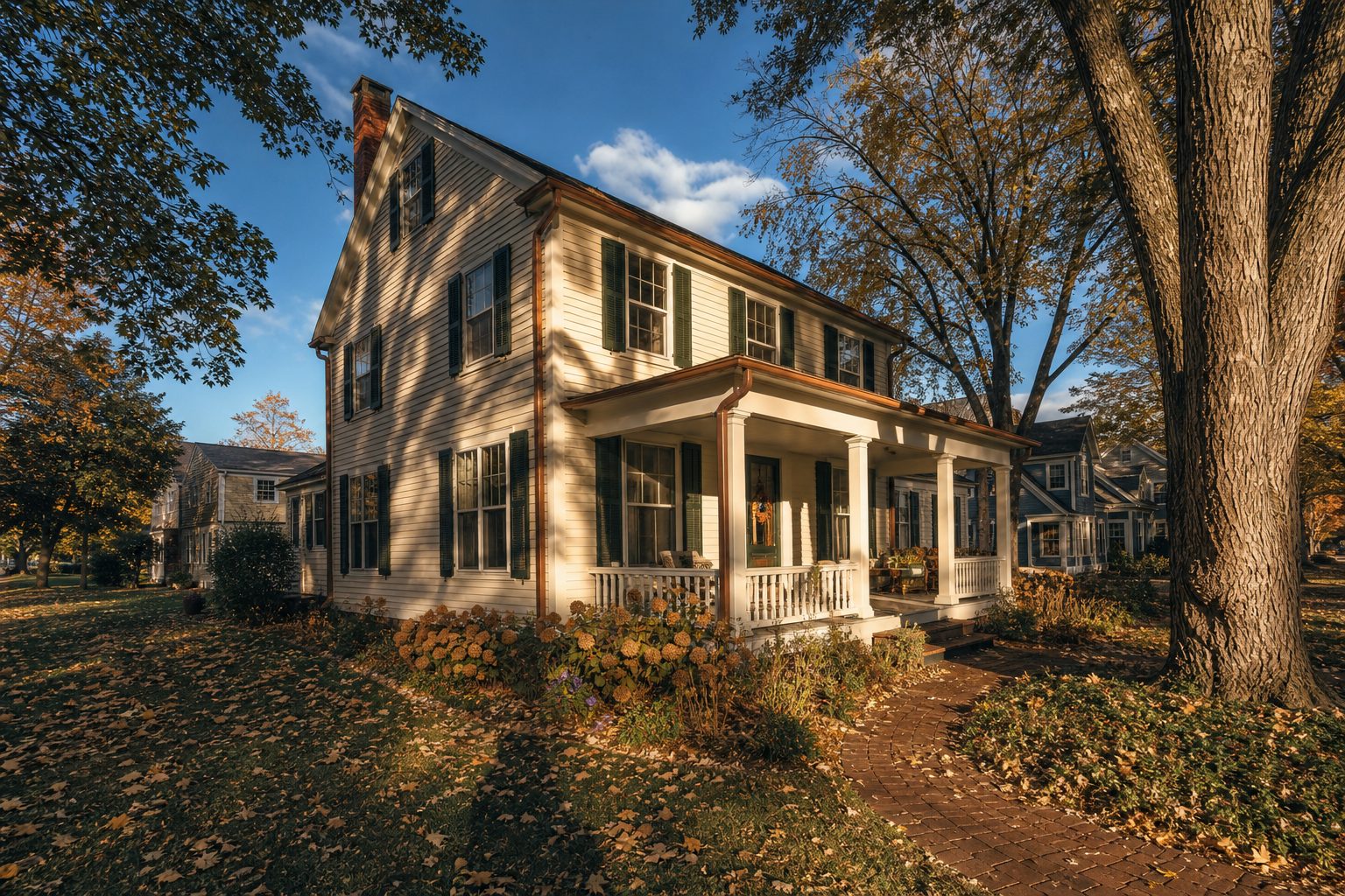 Historic Midwestern colonial home with dark shutters on tree-lined street in downtown McFarland, Wisconsin.