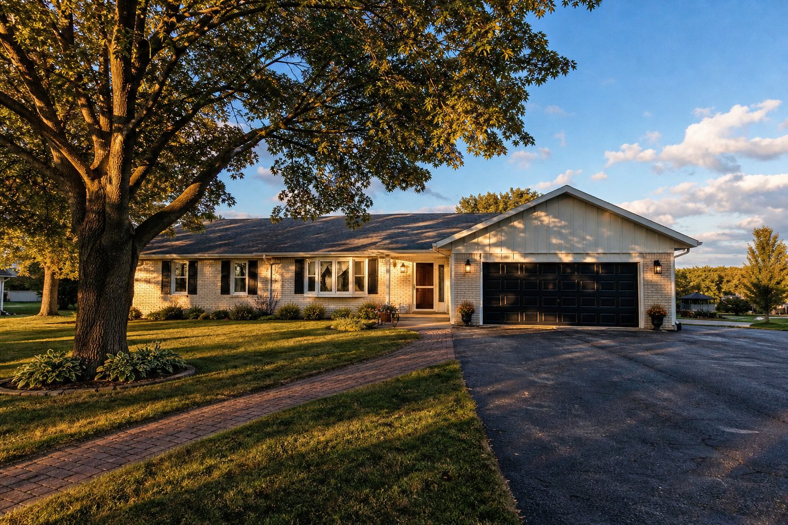 Single-story ranch home with mature tree and driveway on landscaped lot in McFarland's lakeside neighborhood.