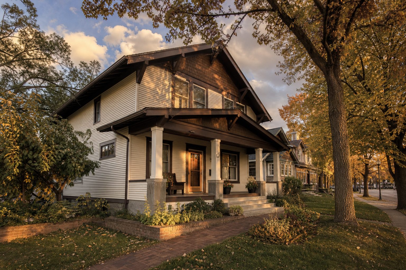 Golden-hour view of Craftsman bungalow with mature trees on Monroe Street in Madison's Dudgeon-Monroe neighborhood, autumn afternoon.