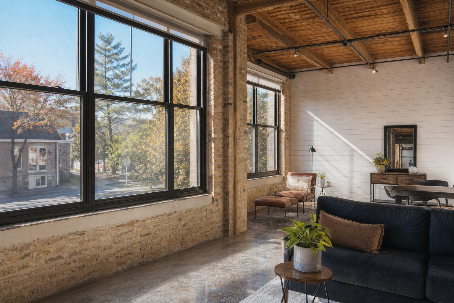 Contemporary condo interior in converted warehouse with exposed brick, timber beams, and large industrial windows in downtown Madison.