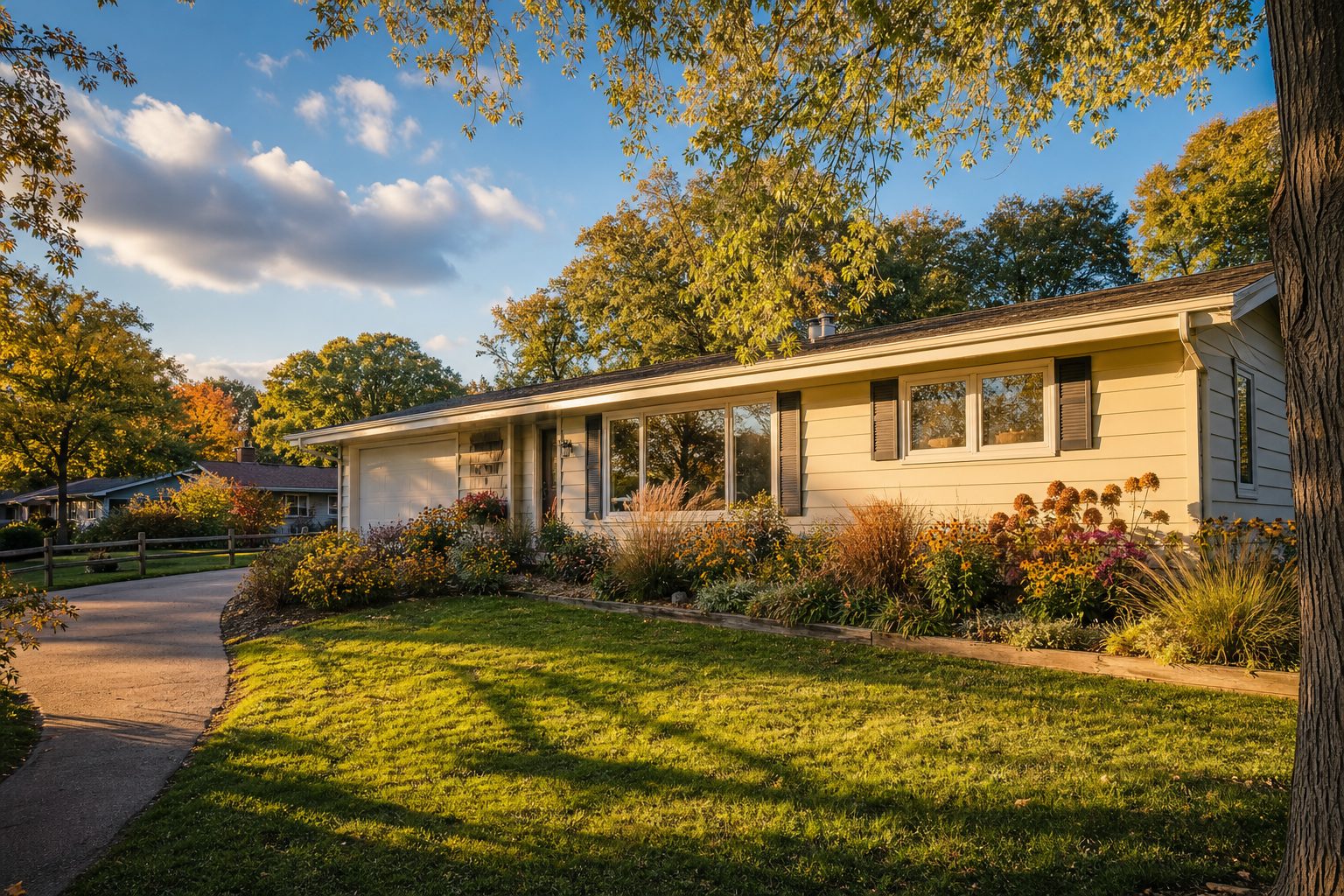 Mid-century ranch home with cream siding and mature trees in Westmorland neighborhood, Madison.